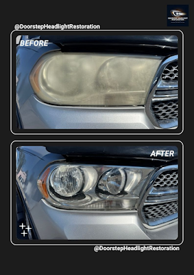 Before and after panels of a headlight: cloudy and yellowed above, crystal clear after restoration below
