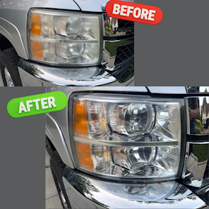 Close comparison of one truck's headlights, the restored lens beside the untouched one
